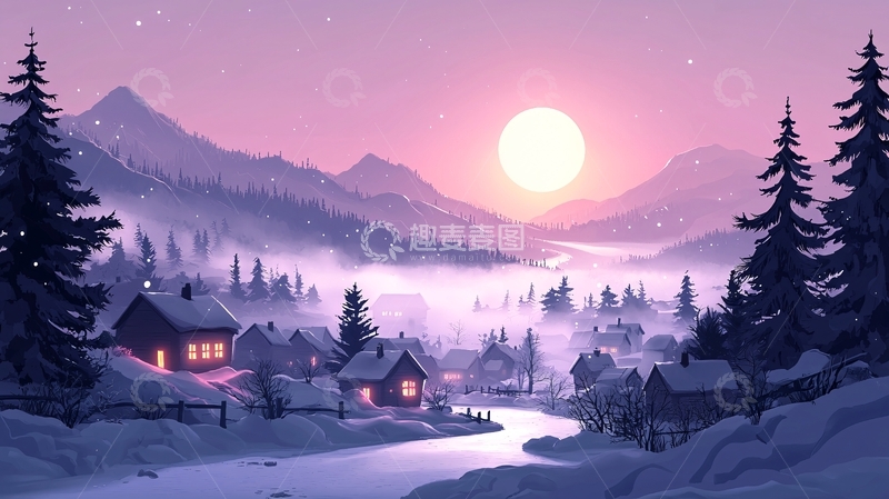 高清大图下载【趣麦麦图】极简冬日雪景村庄