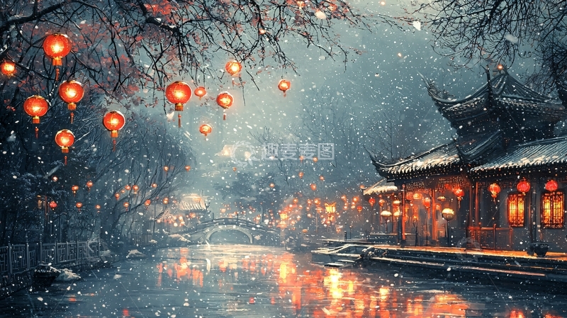 高清大图下载【趣麦麦图】雪夜古镇红灯笼