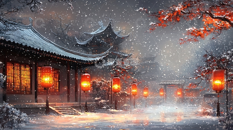 高清大图下载【趣麦麦图】雪夜古建