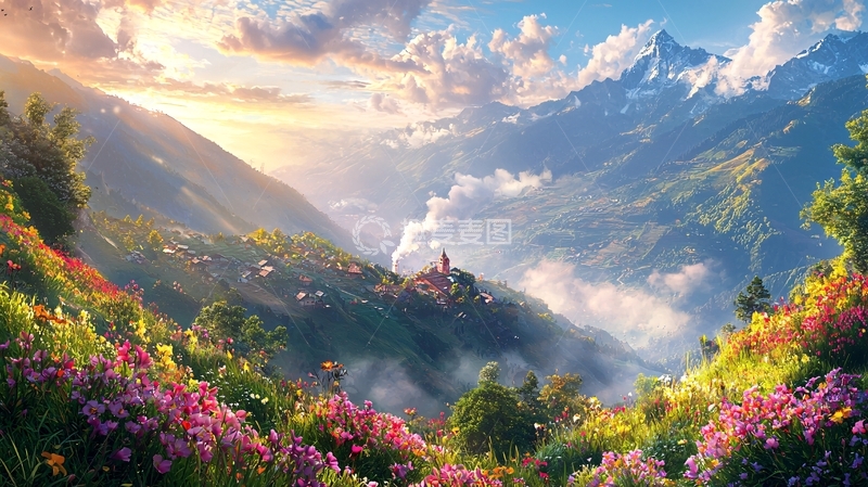 高清大图下载【趣麦麦图】山峦环绕的彩色村庄