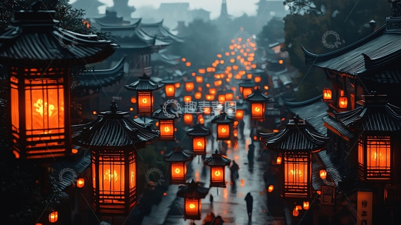 高清大图下载【趣麦麦图】雨夜古镇红灯笼