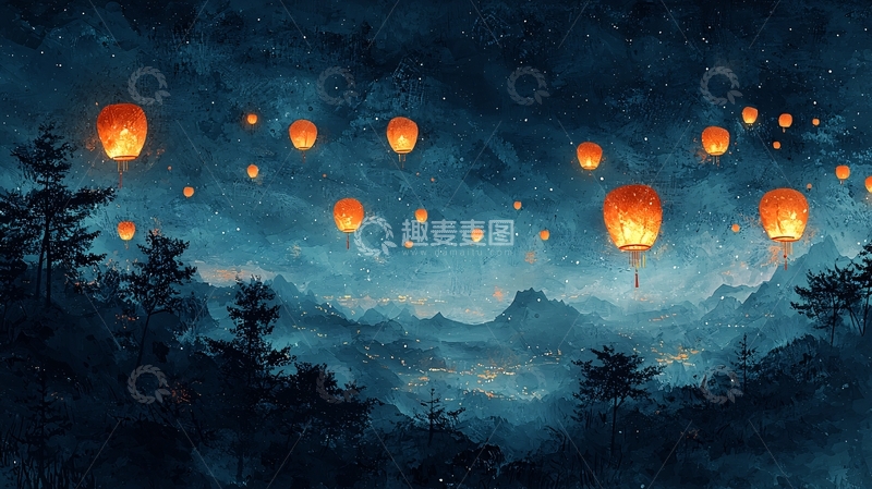 高清大图下载【趣麦麦图】夜空飞舞的许愿灯笼