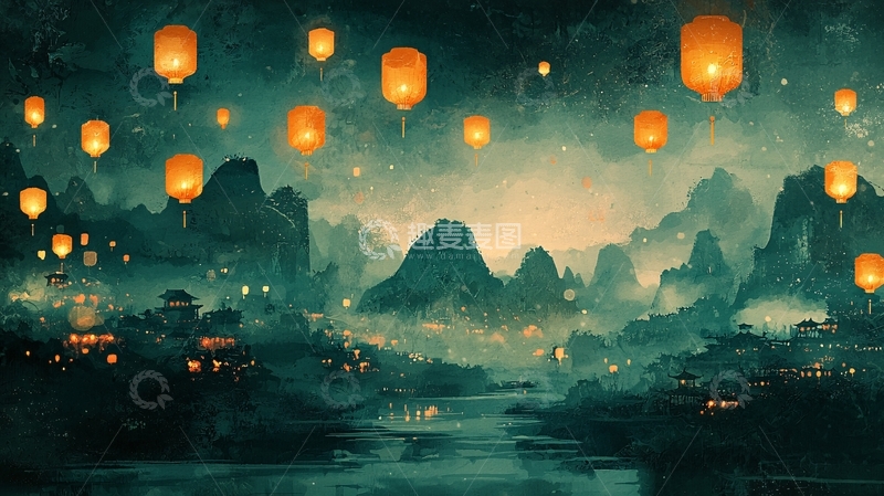 高清大图下载【趣麦麦图】梦幻般的天灯山峦景色