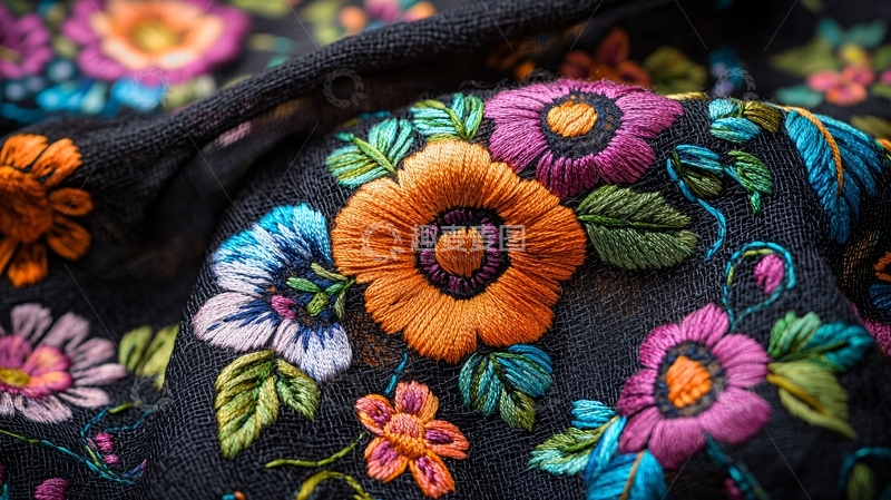 高清大图下载【趣麦麦图】黑色底纹彩色绣花面料