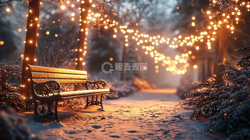 高清大图下载【趣麦麦图】冬夜公园长椅灯光