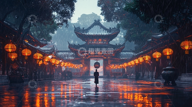 高清大图下载【趣麦麦图】雨中寺庙僧人