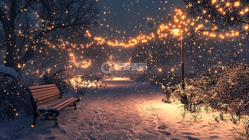高清大图下载【趣麦麦图】下雪的夜晚公园长椅