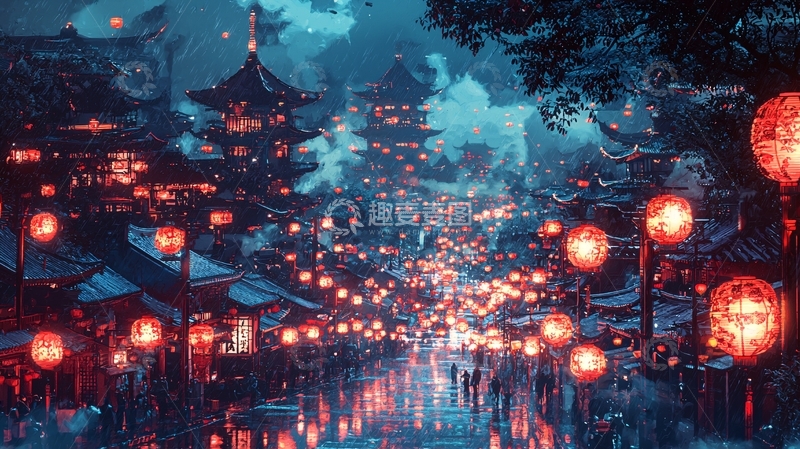 高清大图下载【趣麦麦图】水墨古风夜景街景