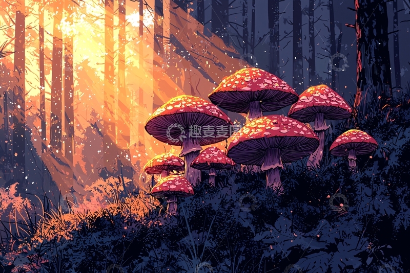 高清大图下载【趣麦麦图】森林中的红色蘑菇