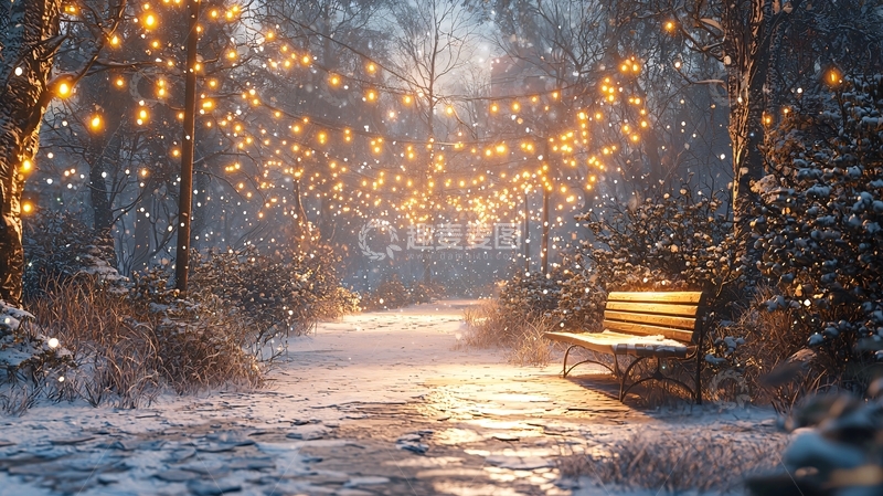 高清大图下载【趣麦麦图】冬日雪景公园小路灯光