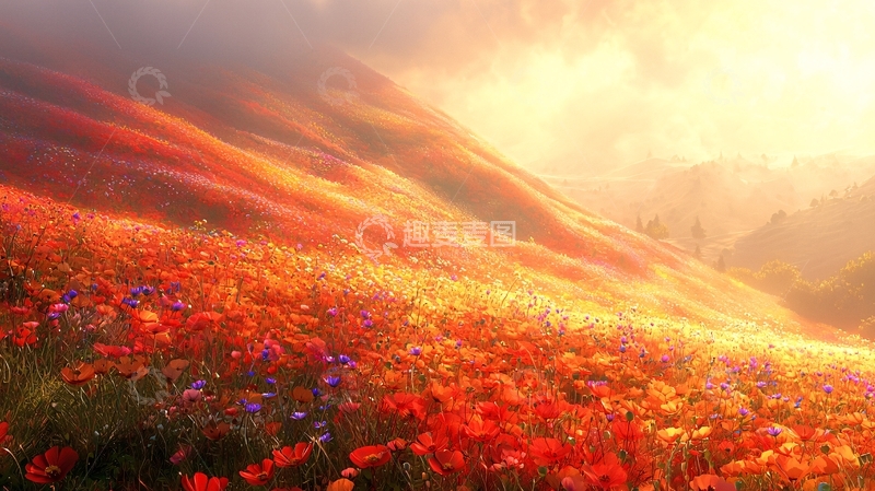 高清大图下载【趣麦麦图】花海山坡日出景色