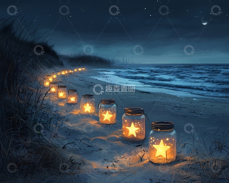高清大图下载【趣麦麦图】星光罐子沙滩夜景