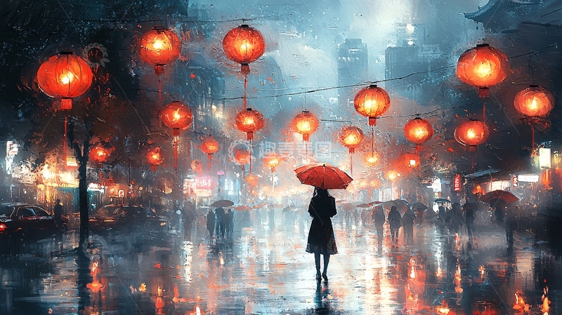 高清大图下载【趣麦麦图】雨夜城市红灯笼