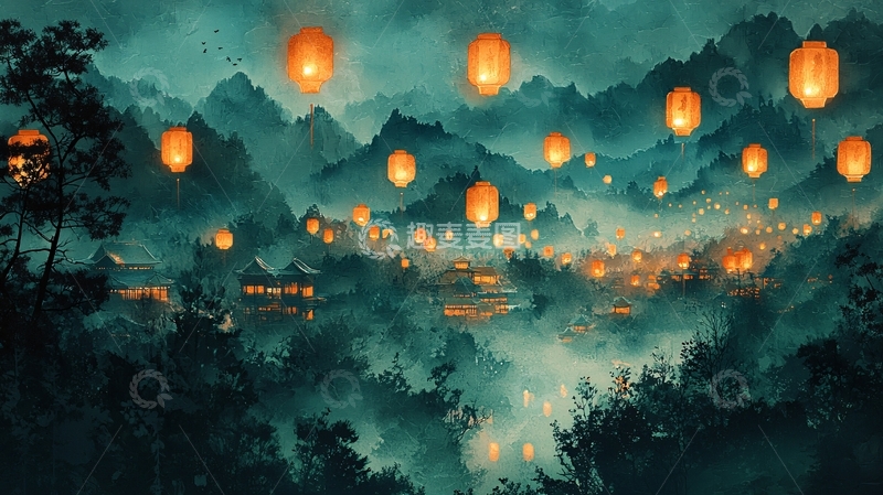 高清大图下载【趣麦麦图】山间小镇夜景