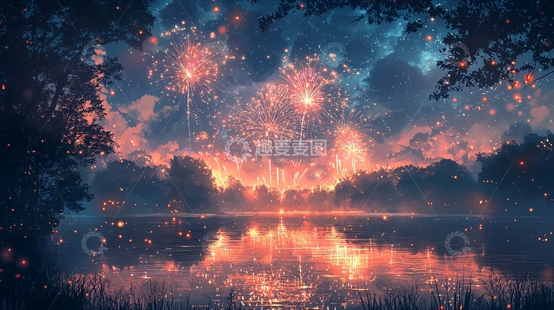 高清大图下载【趣麦麦图】梦幻烟火湖景