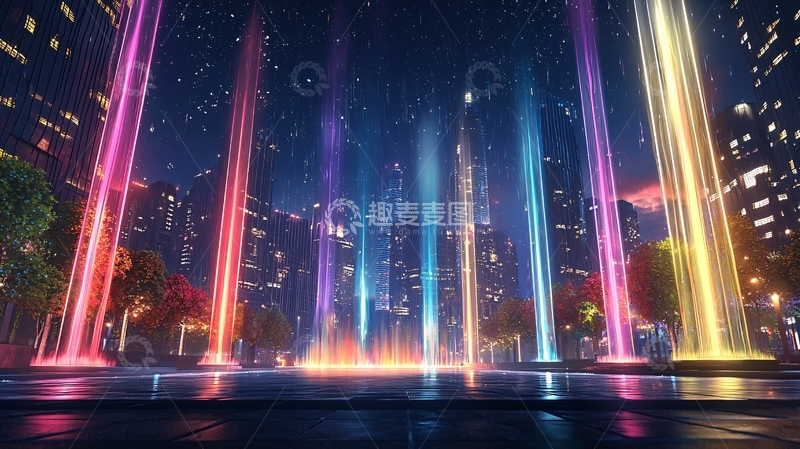 高清大图下载【趣麦麦图】梦幻都市夜景喷泉