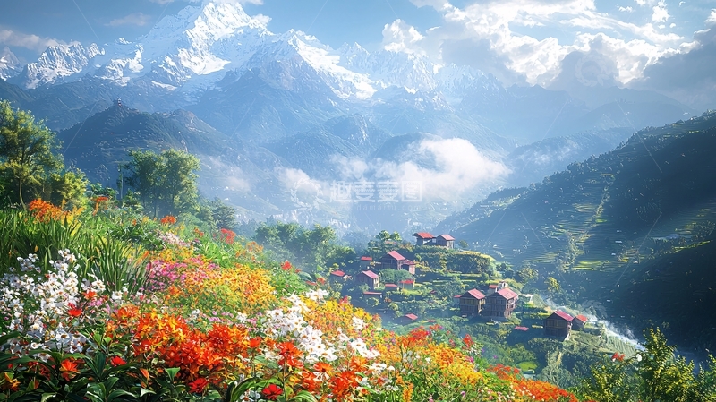 高清大图下载【趣麦麦图】山村鲜花环绕的雪山景色