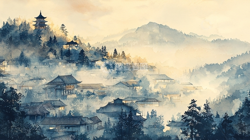 高清大图下载【趣麦麦图】山间雾气缭绕的古建筑群
