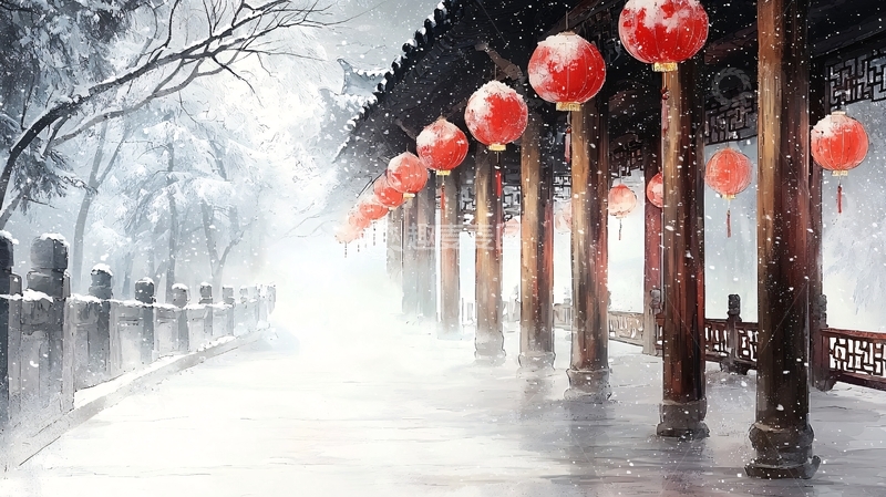 高清大图下载【趣麦麦图】雪景古建红灯笼