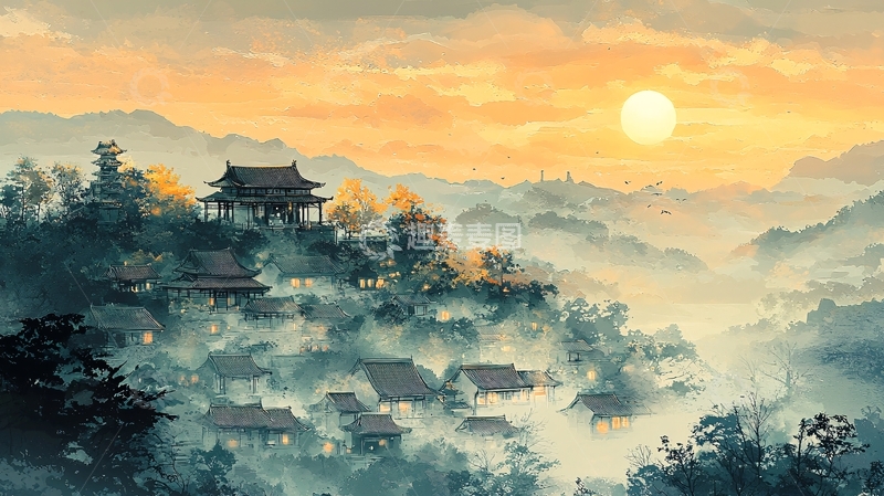 高清大图下载【趣麦麦图】山峦日出古建筑村庄