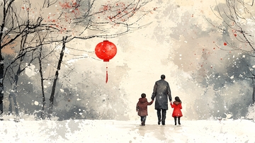 父亲带着孩子雪中漫步