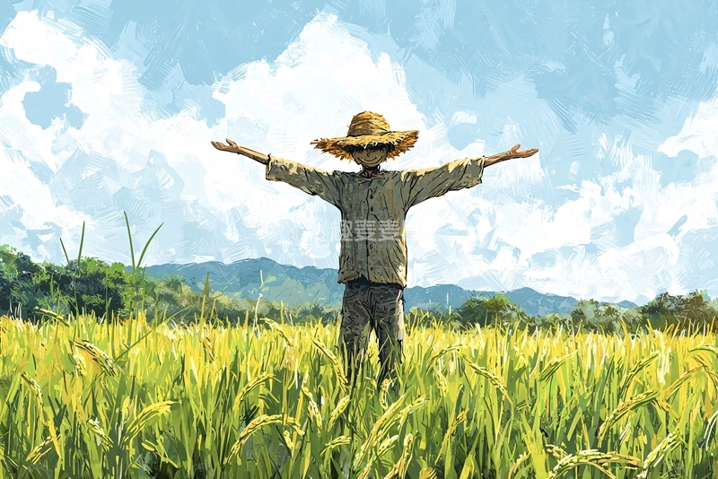 高清大图下载【趣麦麦图】田野稻田里的稻草人