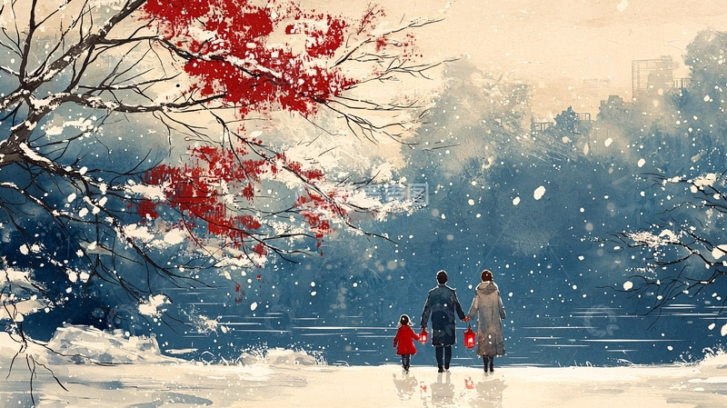 高清大图下载【趣麦麦图】冬季雪景家庭