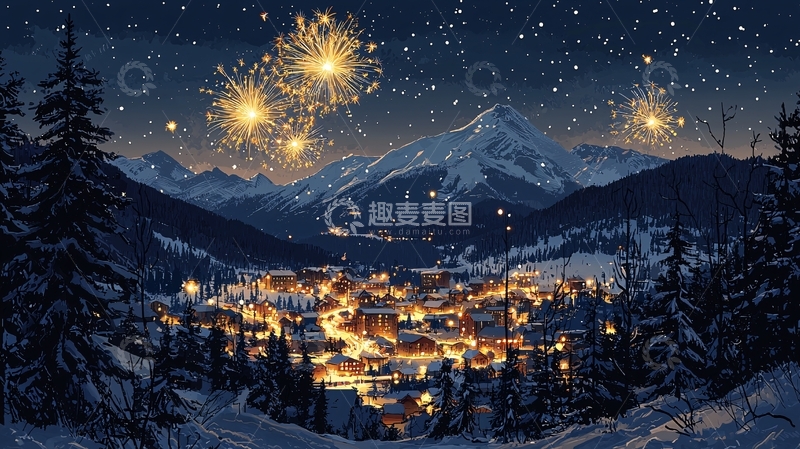 高清大图下载【趣麦麦图】雪山小镇新年烟火