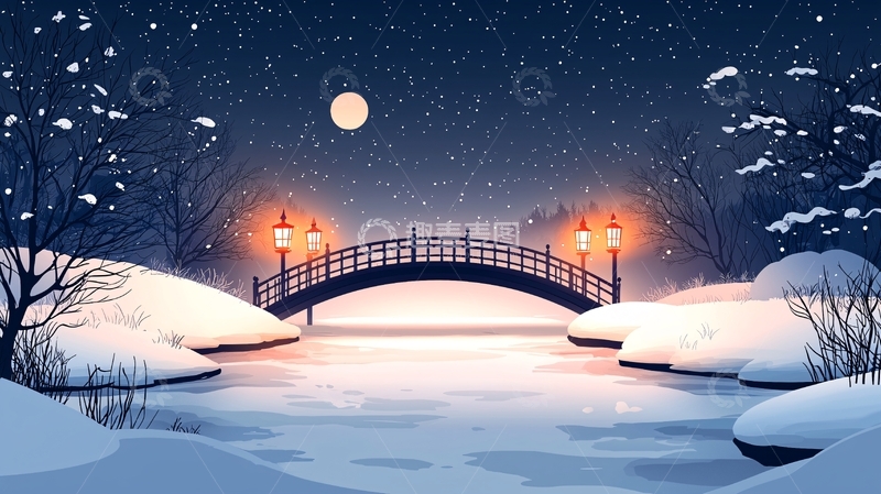 高清大图下载【趣麦麦图】冬夜雪景桥梁