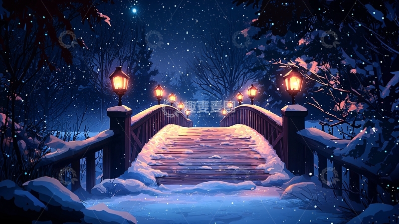 高清大图下载【趣麦麦图】雪夜小桥