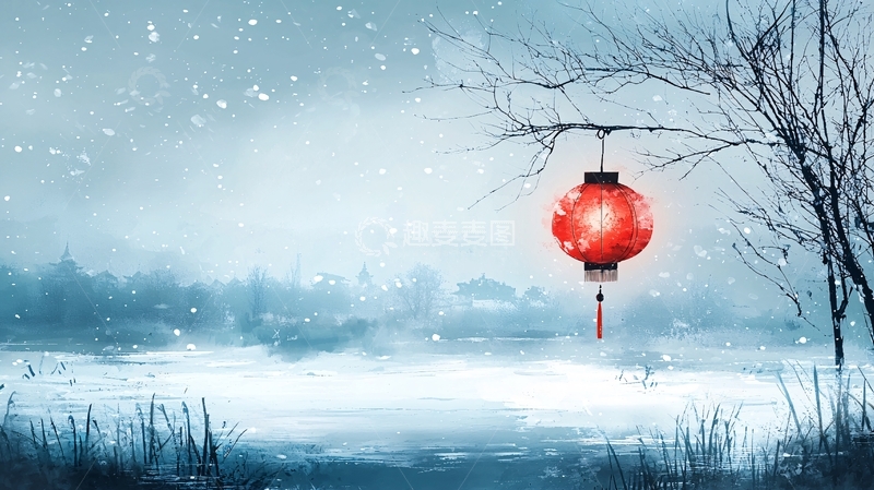 高清大图下载【趣麦麦图】冬日雪景红灯笼