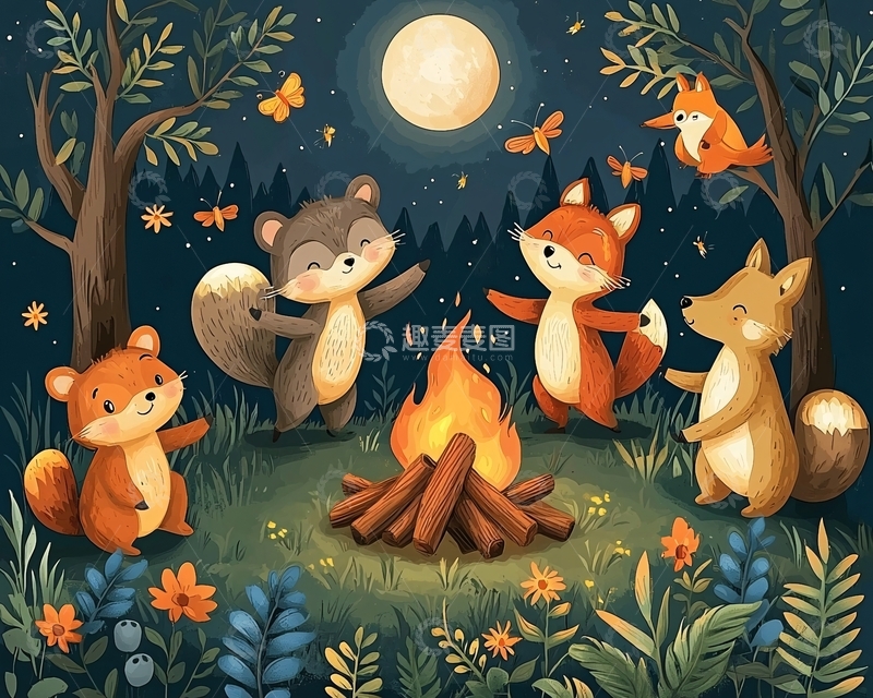 高清大图下载【趣麦麦图】森林篝火晚会