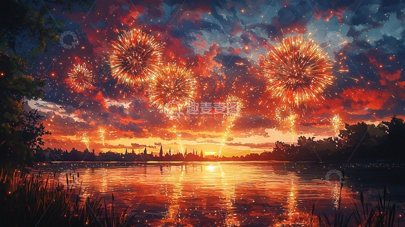 高清大图下载【趣麦麦图】日落焰火湖边风景