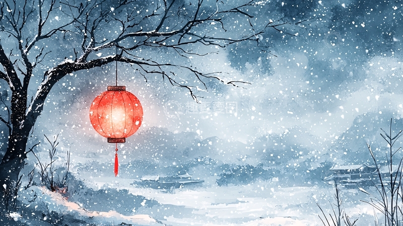 高清大图下载【趣麦麦图】雪夜红灯笼