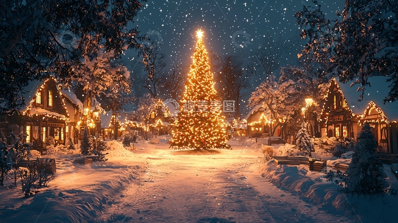 高清大图下载【趣麦麦图】冬季雪夜小镇圣诞树