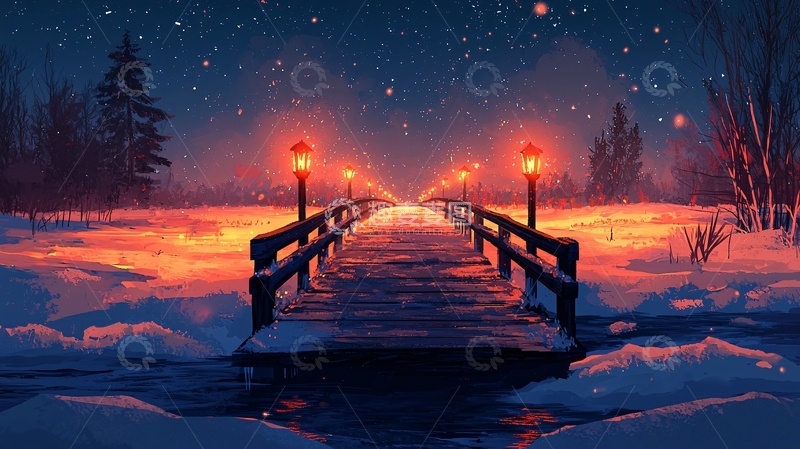 高清大图下载【趣麦麦图】冬夜雪景木桥灯光