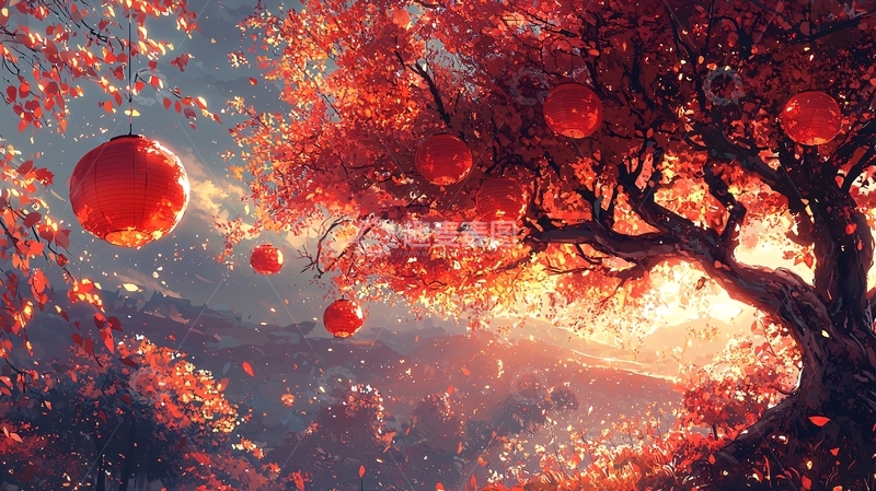 高清大图下载【趣麦麦图】红叶树下落下的石榴