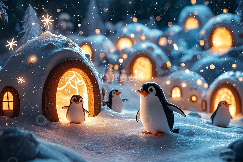 高清大图下载【趣麦麦图】雪夜企鹅村庄