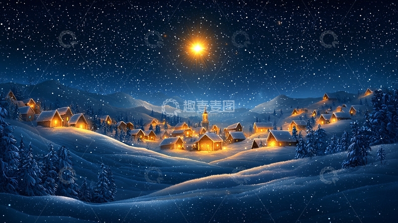 高清大图下载【趣麦麦图】雪夜里的山村小镇