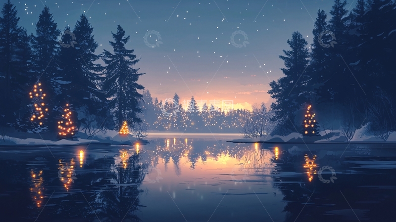高清大图下载【趣麦麦图】冬日森林湖泊夜景