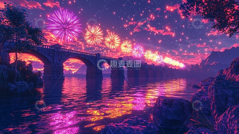 高清大图下载【趣麦麦图】梦幻烟火桥梁夜景