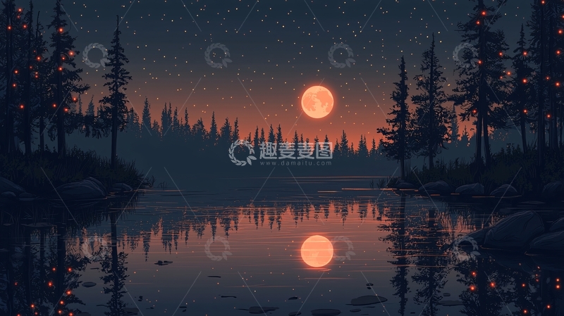 高清大图下载【趣麦麦图】夜晚森林湖泊倒影