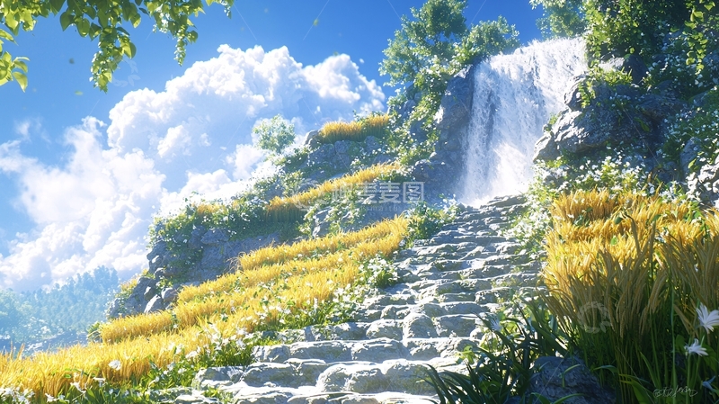 高清大图下载【趣麦麦图】阳光瀑布田园阶梯