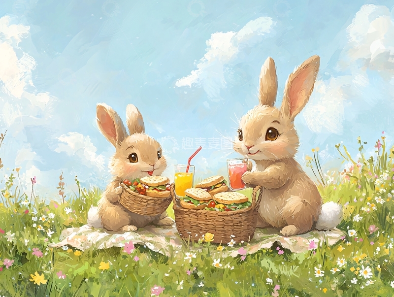 高清大图下载【趣麦麦图】两只兔子野餐