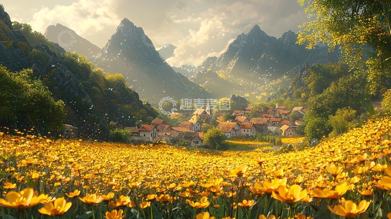 高清大图下载【趣麦麦图】山间小镇金黄花海