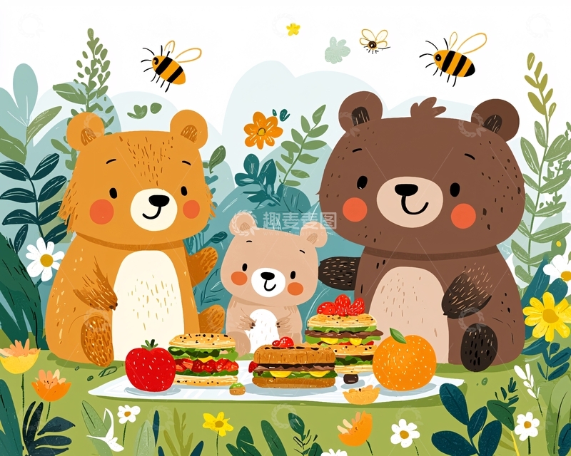 高清大图下载【趣麦麦图】温馨熊一家野餐