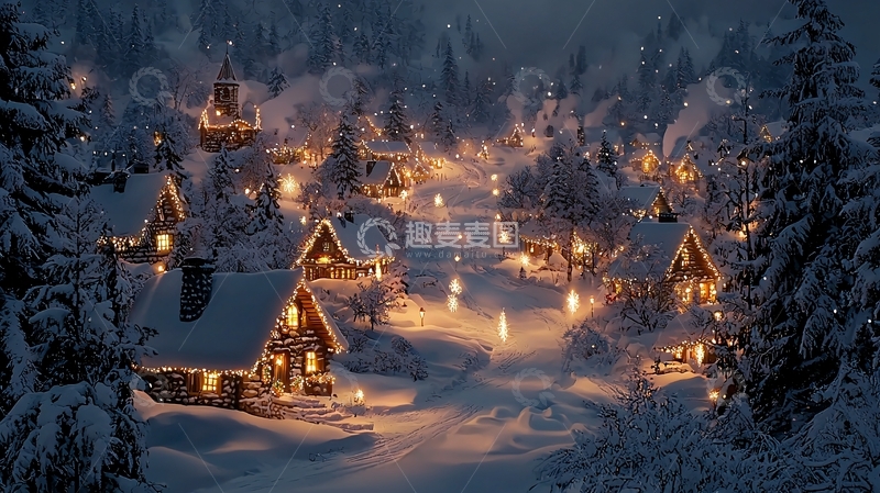 高清大图下载【趣麦麦图】雪夜里的木屋村庄