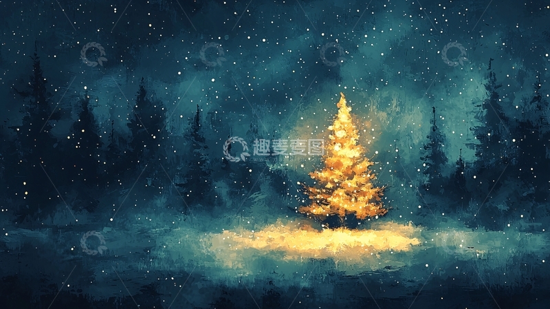 高清大图下载【趣麦麦图】雪夜森林圣诞树2