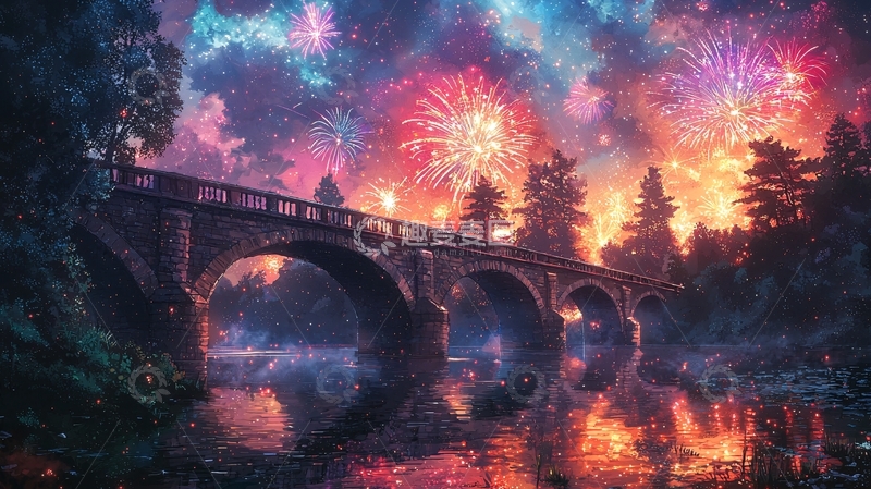 高清大图下载【趣麦麦图】梦幻烟火桥梁夜景