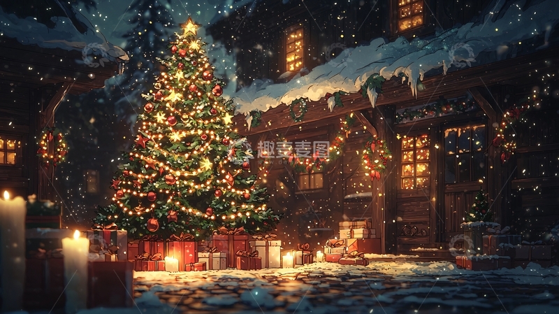 高清大图下载【趣麦麦图】圣诞夜雪景小屋